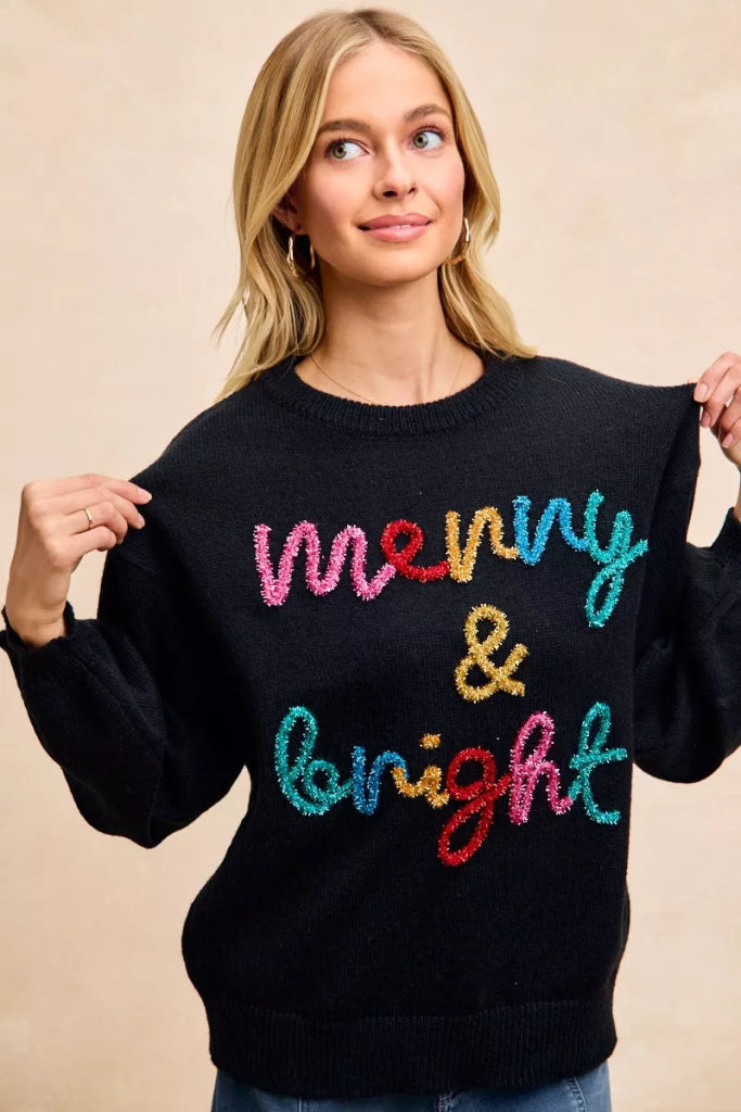 BiBi Tinsel Lettering Christmas Sweater - BLACK/MULTI by Trendsi from FREYA’S CLOSET