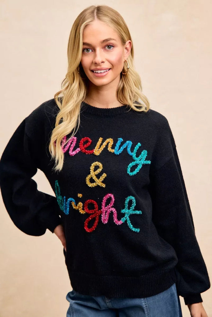 BiBi Tinsel Lettering Christmas Sweater - BLACK/MULTI by Trendsi from FREYA’S CLOSET