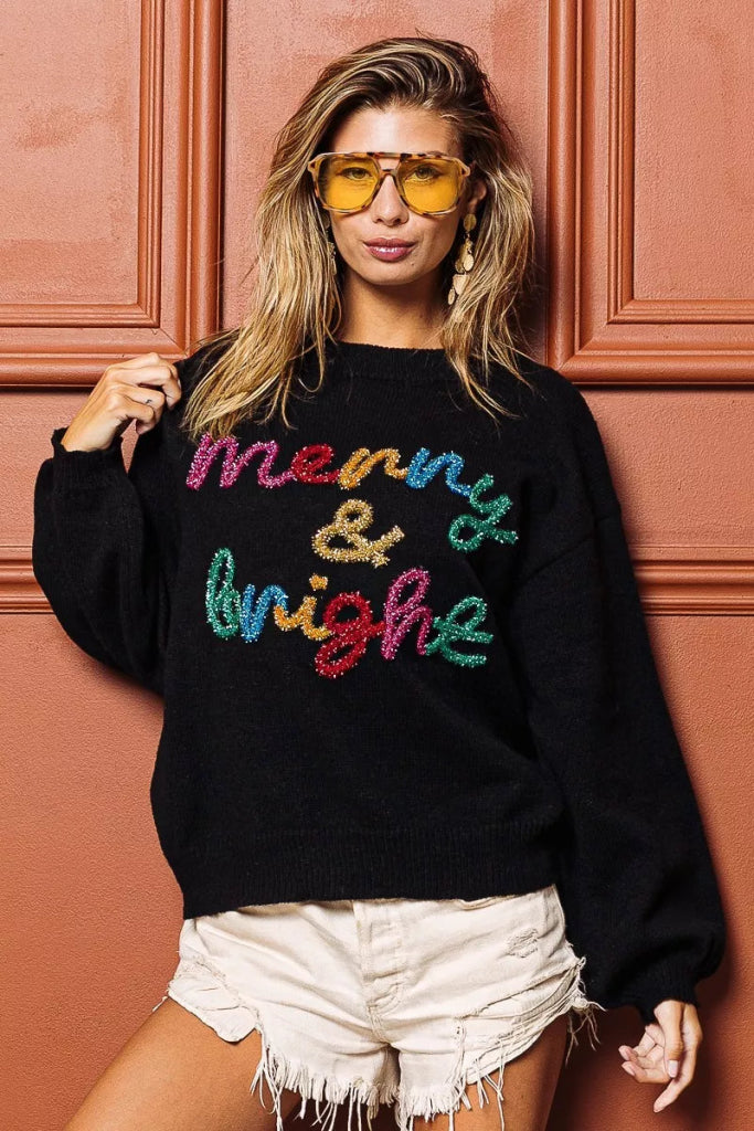 BiBi Tinsel Lettering Christmas Sweater - BLACK/MULTI by Trendsi from FREYA’S CLOSET