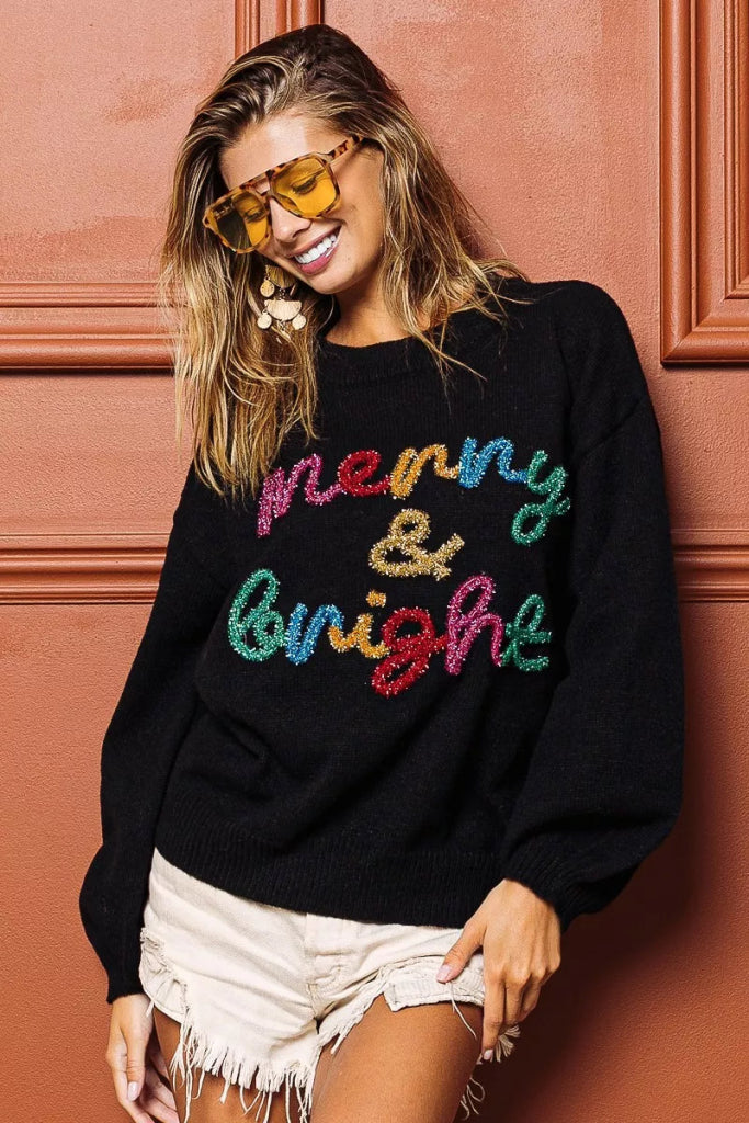BiBi Tinsel Lettering Christmas Sweater - BLACK/MULTI by Trendsi from FREYA’S CLOSET