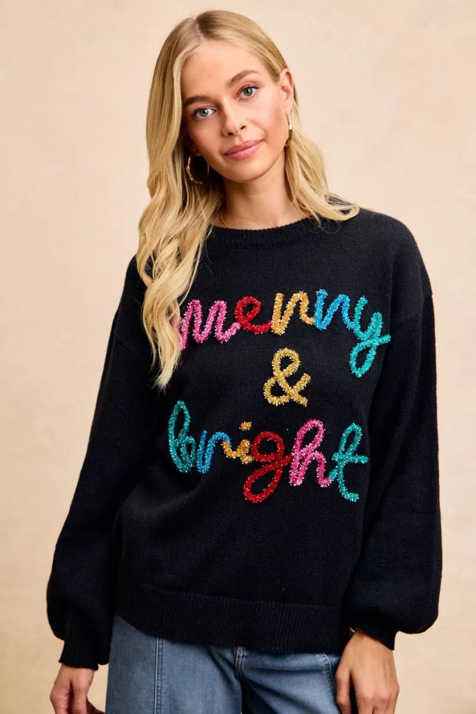 BiBi Tinsel Lettering Christmas Sweater - BLACK/MULTI by Trendsi from FREYA’S CLOSET