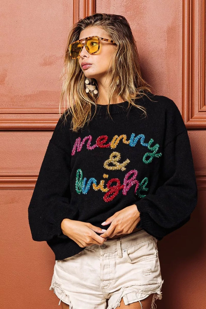 BiBi Tinsel Lettering Christmas Sweater - BLACK/MULTI by Trendsi from FREYA’S CLOSET