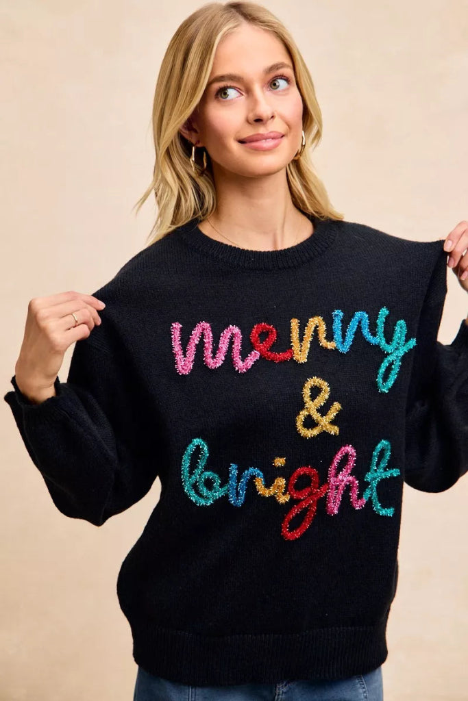 BiBi Tinsel Lettering Christmas Sweater - BLACK/MULTI by Trendsi from FREYA’S CLOSET