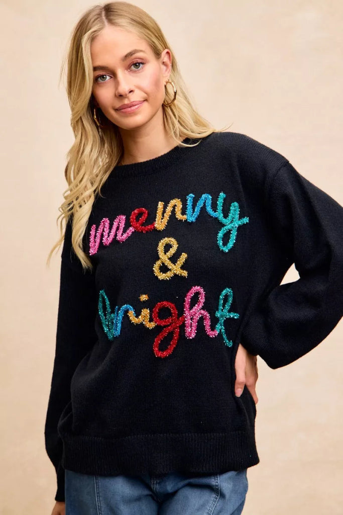BiBi Tinsel Lettering Christmas Sweater - BLACK/MULTI by Trendsi from FREYA’S CLOSET