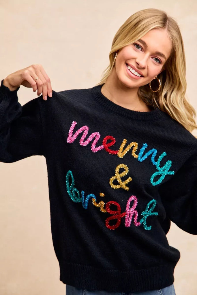 BiBi Tinsel Lettering Christmas Sweater - BLACK/MULTI by Trendsi from FREYA’S CLOSET