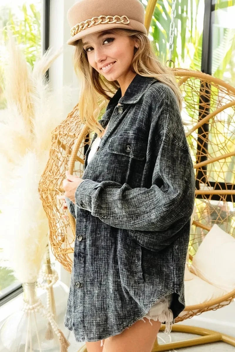 Trendsi BiBi Vintage Washed Wrinkle Gauze Shacket