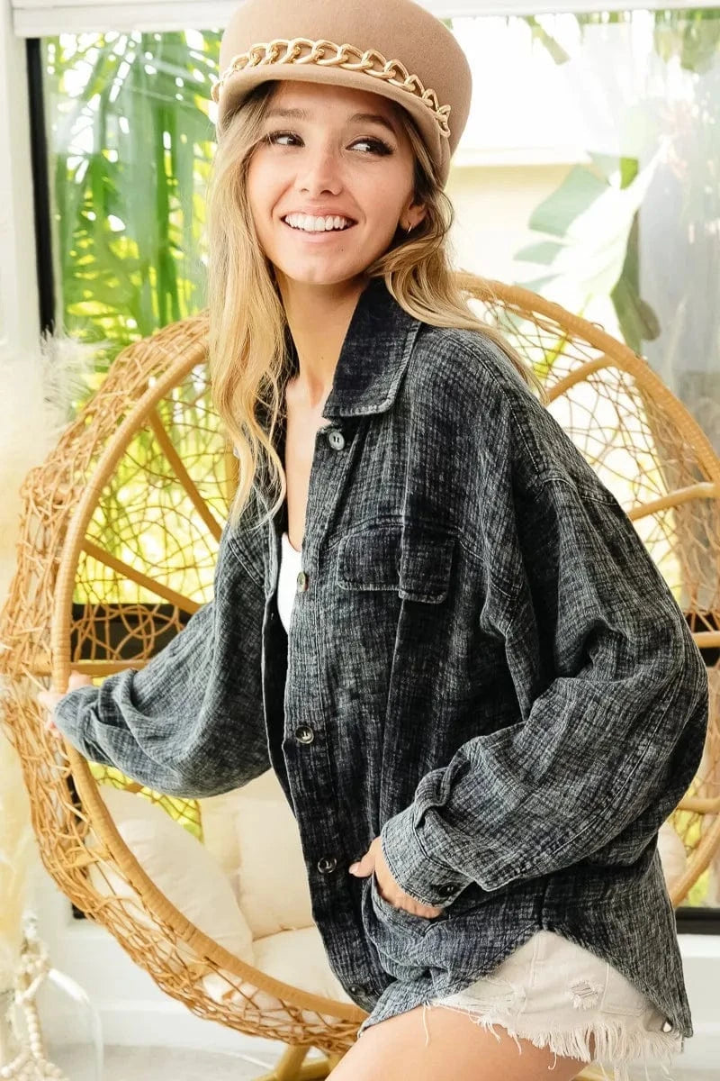 Trendsi BiBi Vintage Washed Wrinkle Gauze Shacket