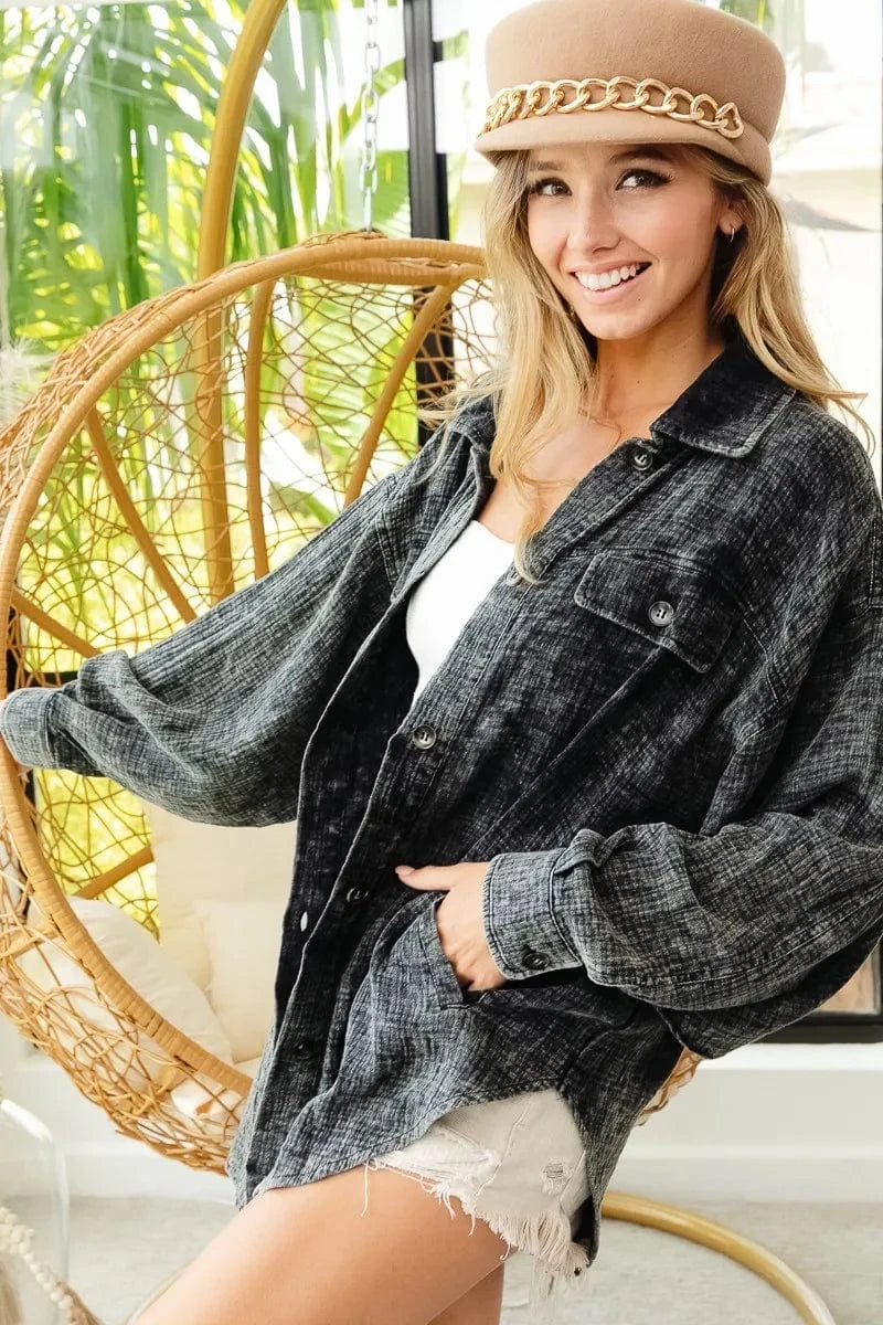 Trendsi BLACK CHARCOAL / S BiBi Vintage Washed Wrinkle Gauze Shacket