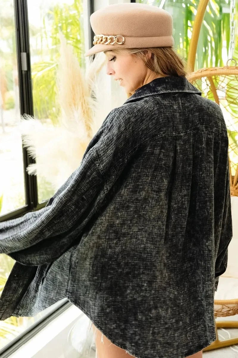 Trendsi BiBi Vintage Washed Wrinkle Gauze Shacket