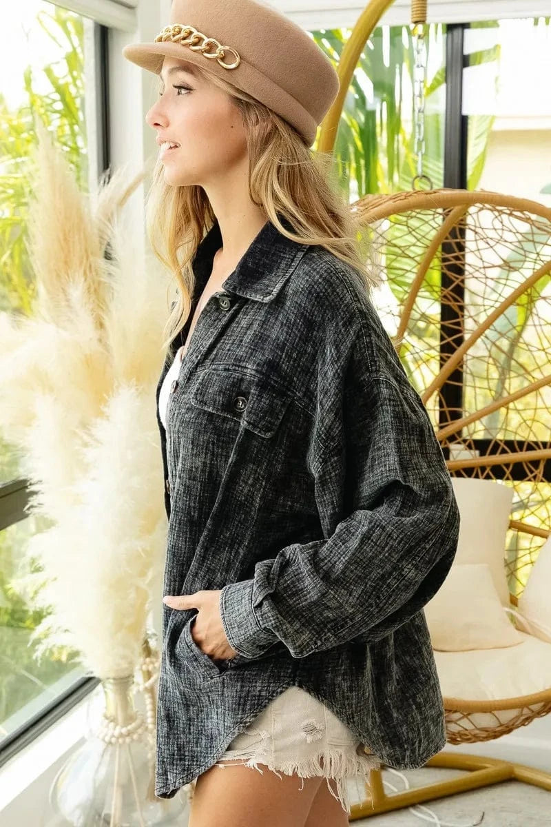 Trendsi BiBi Vintage Washed Wrinkle Gauze Shacket