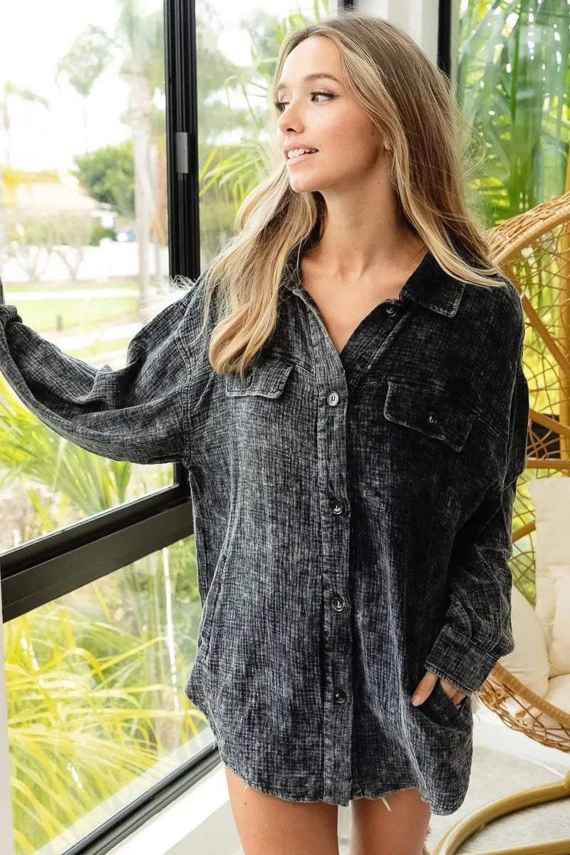 Trendsi BiBi Vintage Washed Wrinkle Gauze Shacket