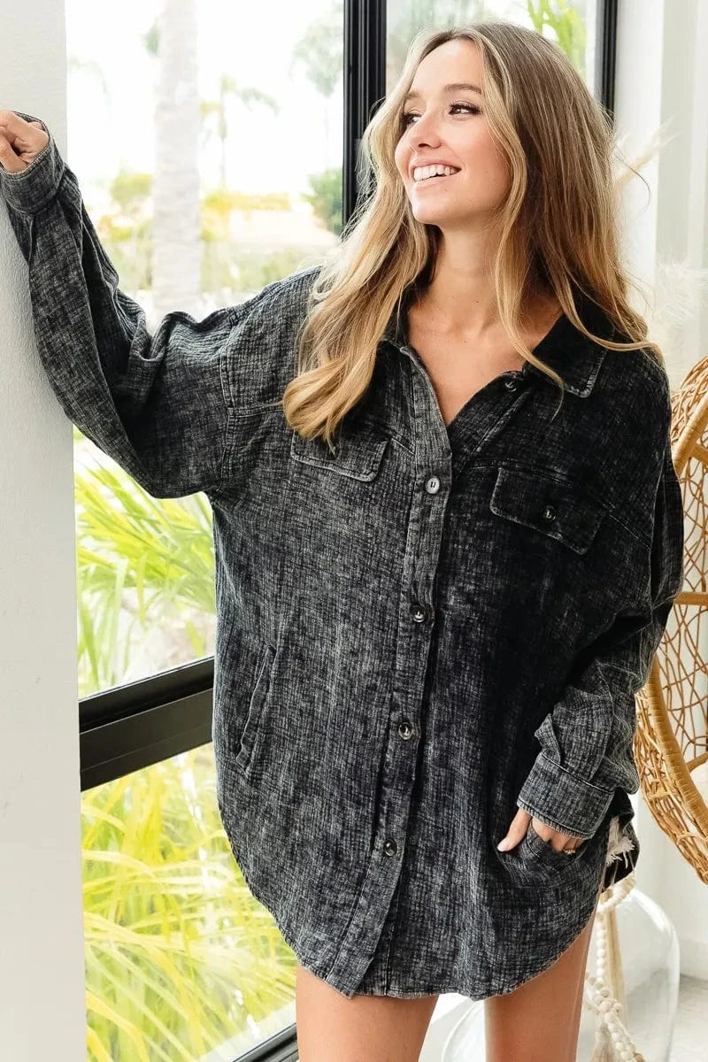 Trendsi BiBi Vintage Washed Wrinkle Gauze Shacket