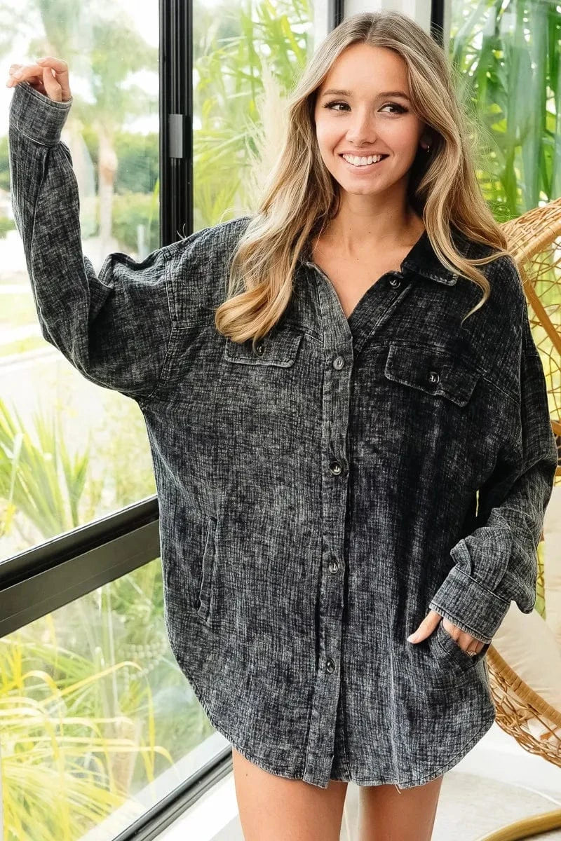 Trendsi BiBi Vintage Washed Wrinkle Gauze Shacket