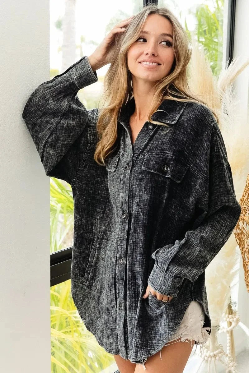 Trendsi BiBi Vintage Washed Wrinkle Gauze Shacket