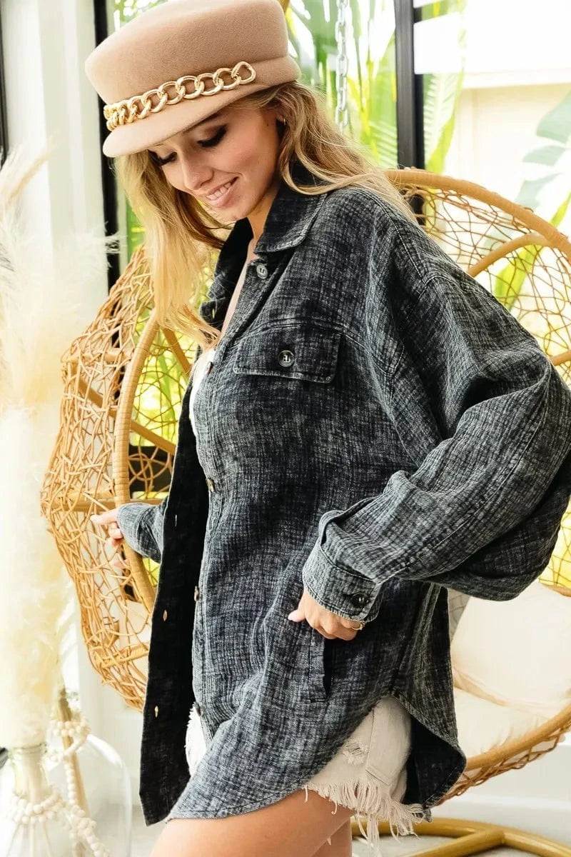 Trendsi BiBi Vintage Washed Wrinkle Gauze Shacket