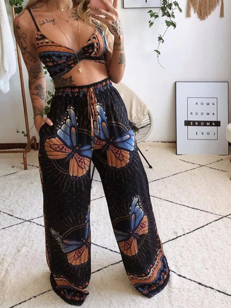 Boho Butterfly Print Top and Pants Set - Caramel by Trendsi from FREYA’S CLOSET