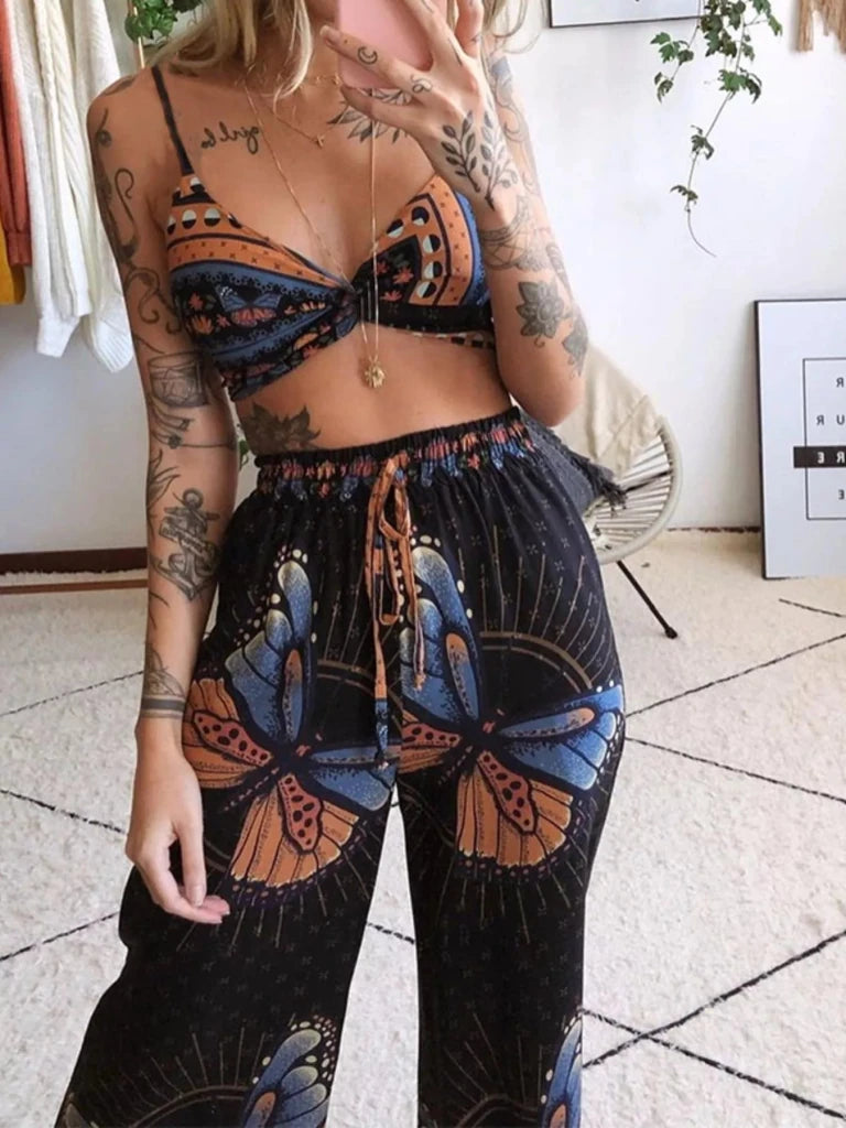 Boho Butterfly Print Top and Pants Set - Caramel by Trendsi from FREYA’S CLOSET