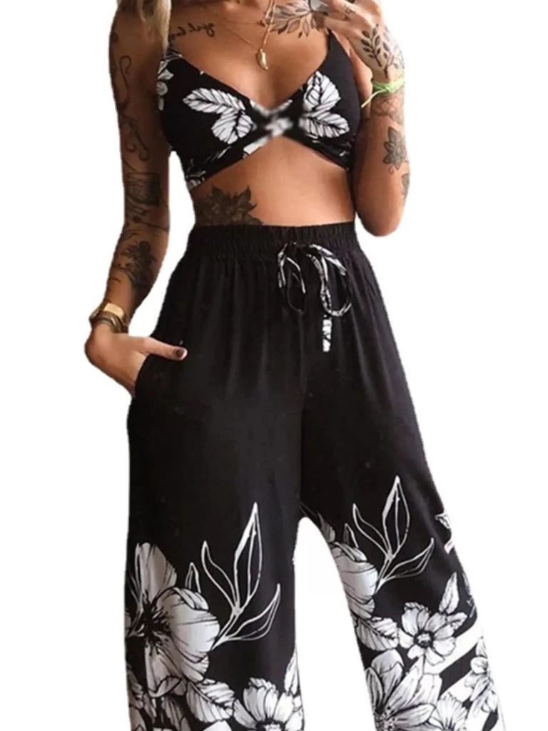 Boho Butterfly Print Top and Pants Set - Pure Black by Trendsi from FREYA’S CLOSET