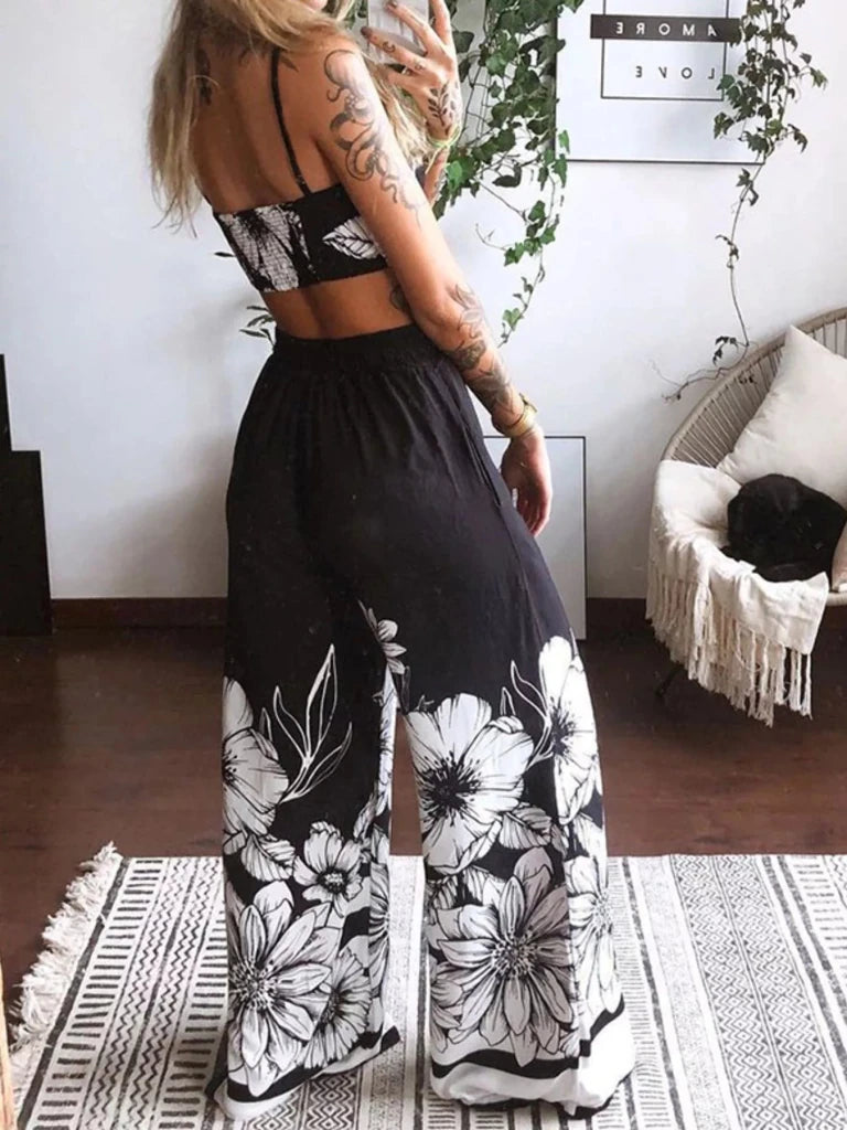 Boho Butterfly Print Top and Pants Set - Pure Black by Trendsi from FREYA’S CLOSET