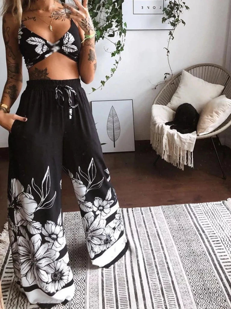 Boho Butterfly Print Top and Pants Set - Pure Black by Trendsi from FREYA’S CLOSET