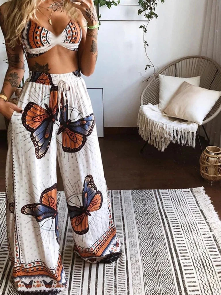 Boho Butterfly Print Top and Pants Set - White by Trendsi from FREYA’S CLOSET