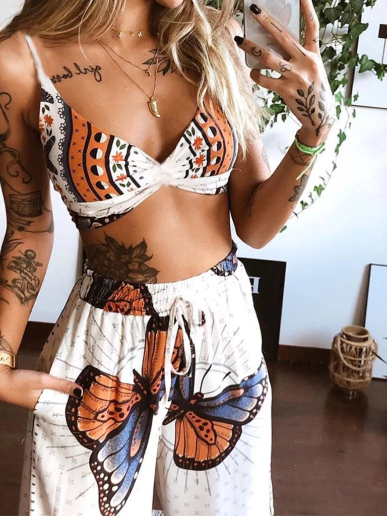 Boho Butterfly Print Top and Pants Set - White by Trendsi from FREYA’S CLOSET
