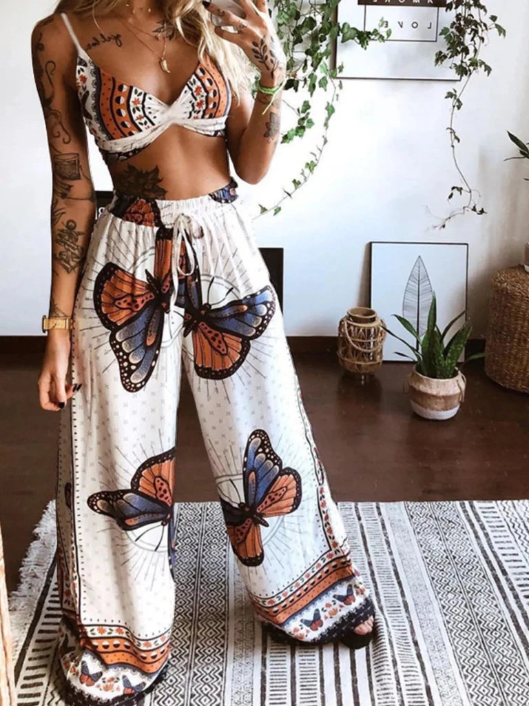 Boho Butterfly Print Top and Pants Set - White by Trendsi from FREYA’S CLOSET