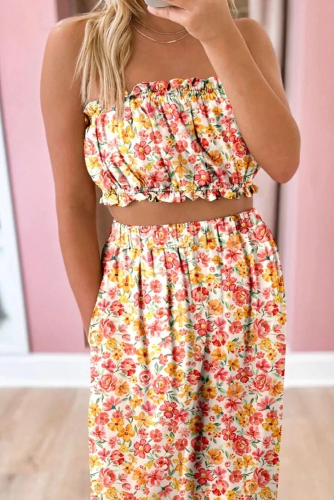 Boho Floral Bandeau Top and High Waist Wide Leg Pants Set - Floral by Trendsi from FREYA’S CLOSET