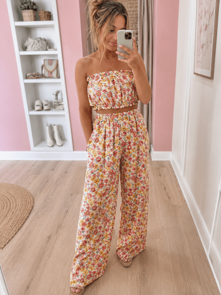 Boho Floral Bandeau Top and High Waist Wide Leg Pants Set - Floral by Trendsi from FREYA’S CLOSET