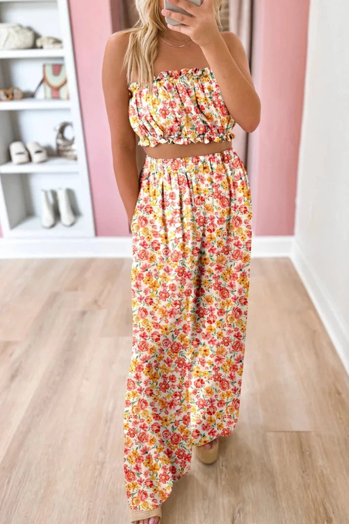 Boho Floral Bandeau Top and High Waist Wide Leg Pants Set - Floral by Trendsi from FREYA’S CLOSET