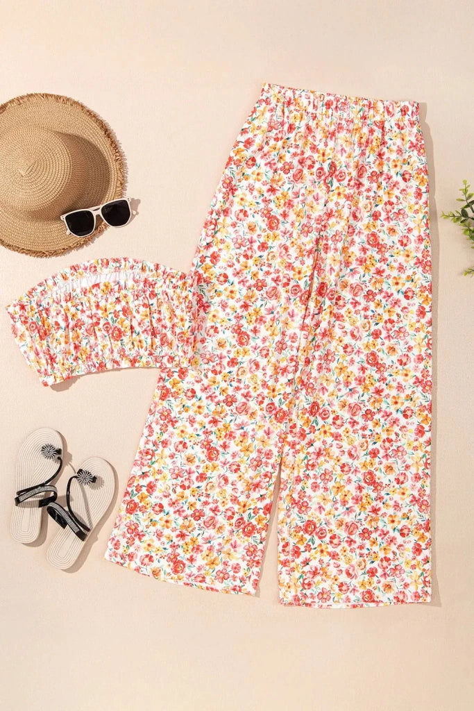 Boho Floral Bandeau Top and High Waist Wide Leg Pants Set - Floral by Trendsi from FREYA’S CLOSET