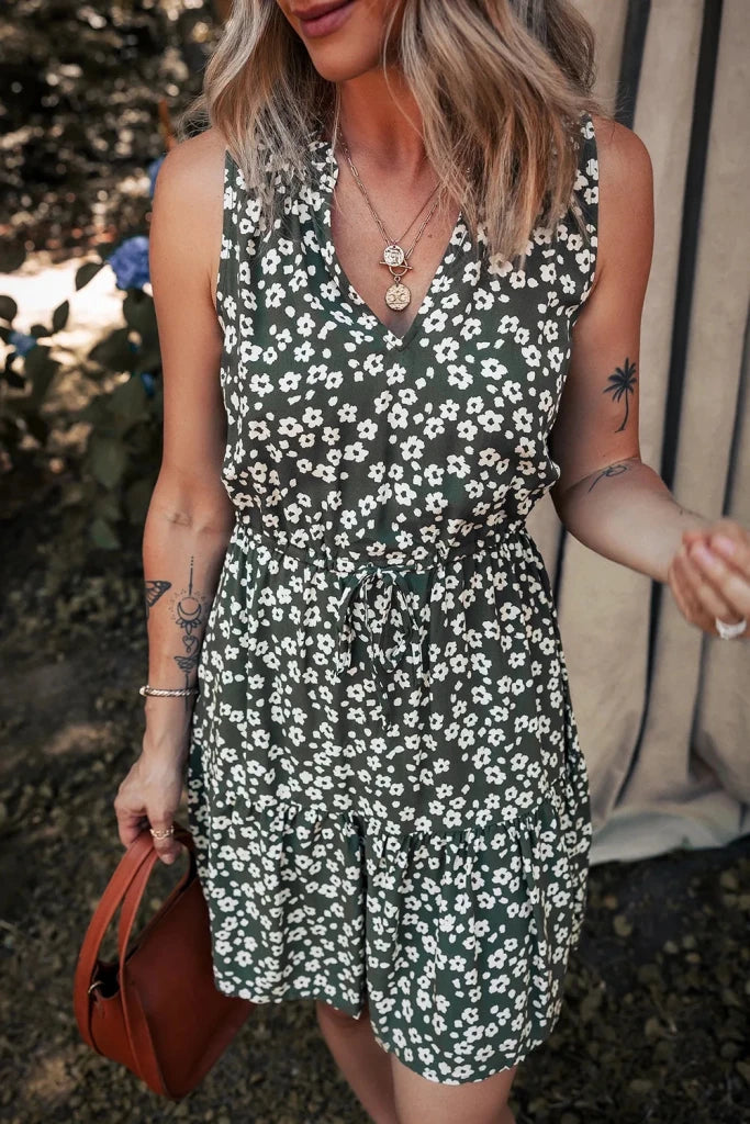 Boho Floral Print V Neck Tunic Sleeveless Dress - Floral by Trendsi from FREYA’S CLOSET