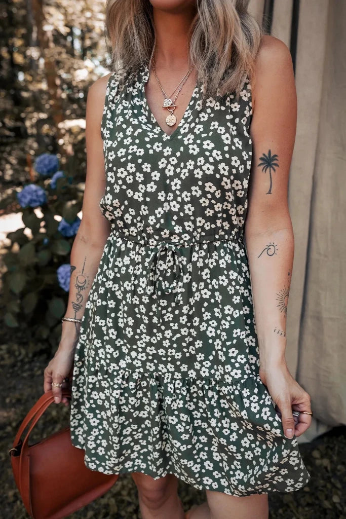 Boho Floral Print V Neck Tunic Sleeveless Dress - Floral by Trendsi from FREYA’S CLOSET