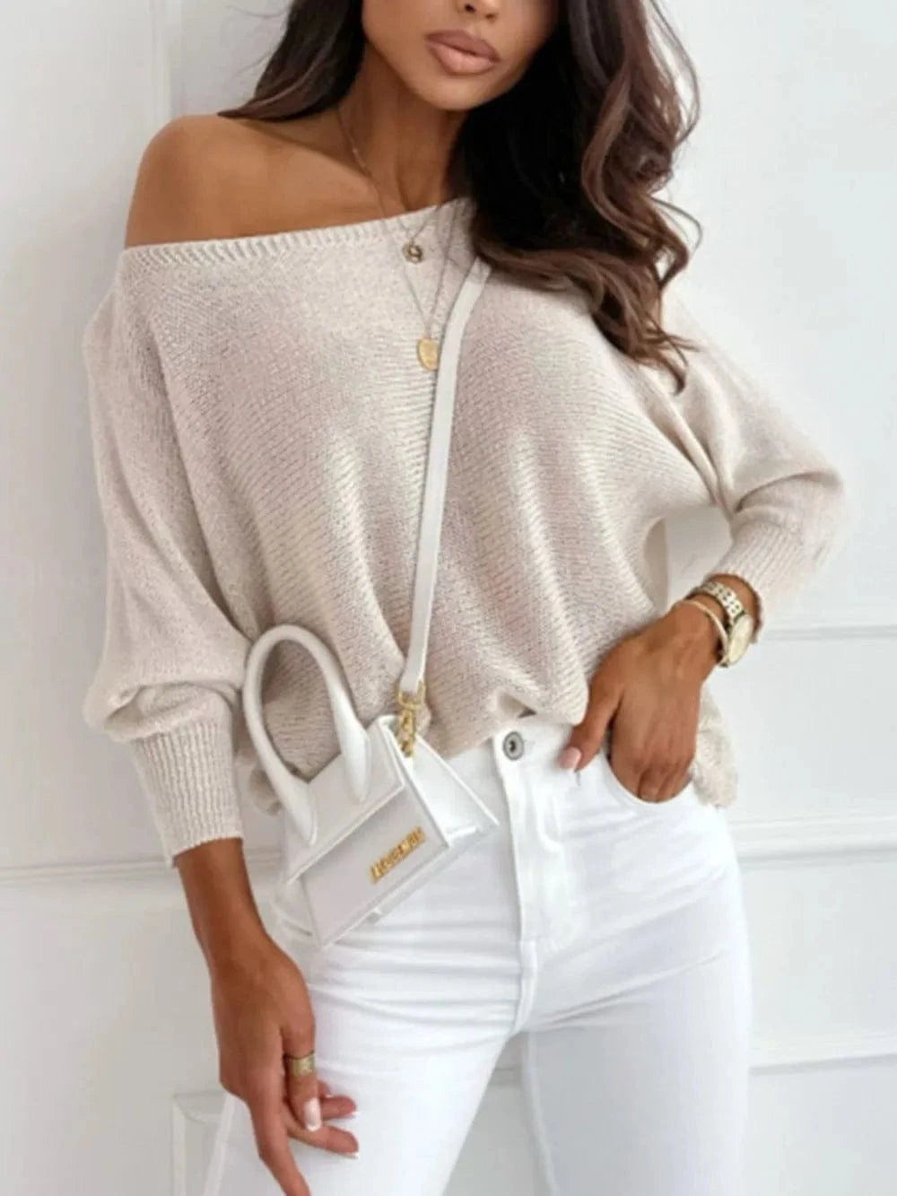 Trendsi Bow Back Boat Neck Batwing Sleeve Sweater