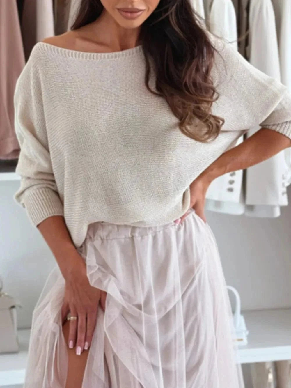 Trendsi Bow Back Boat Neck Batwing Sleeve Sweater