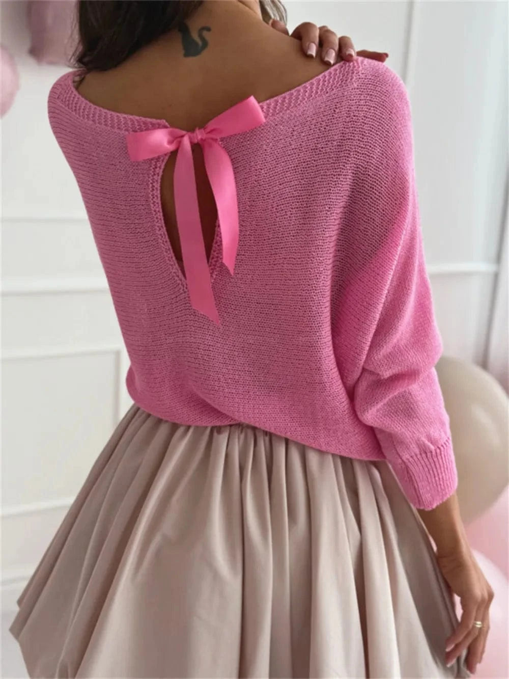 Trendsi Fuchsia Pink / S Bow Back Boat Neck Batwing Sleeve Sweater