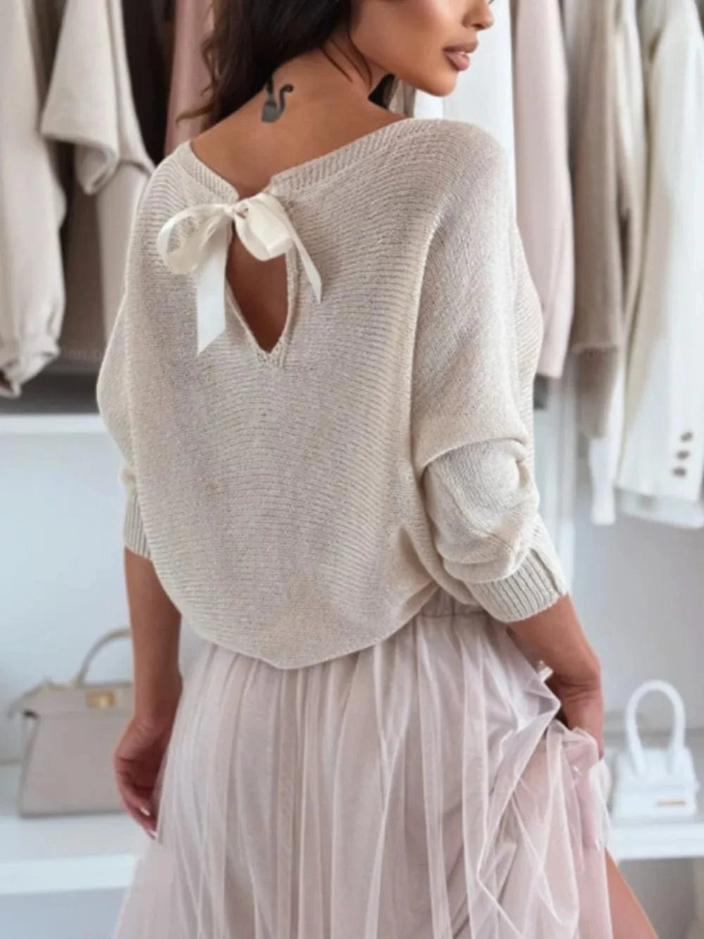 Trendsi Cream / S Bow Back Boat Neck Batwing Sleeve Sweater