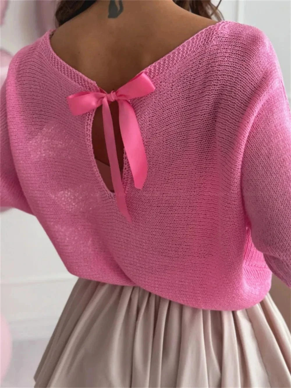 Trendsi Bow Back Boat Neck Batwing Sleeve Sweater