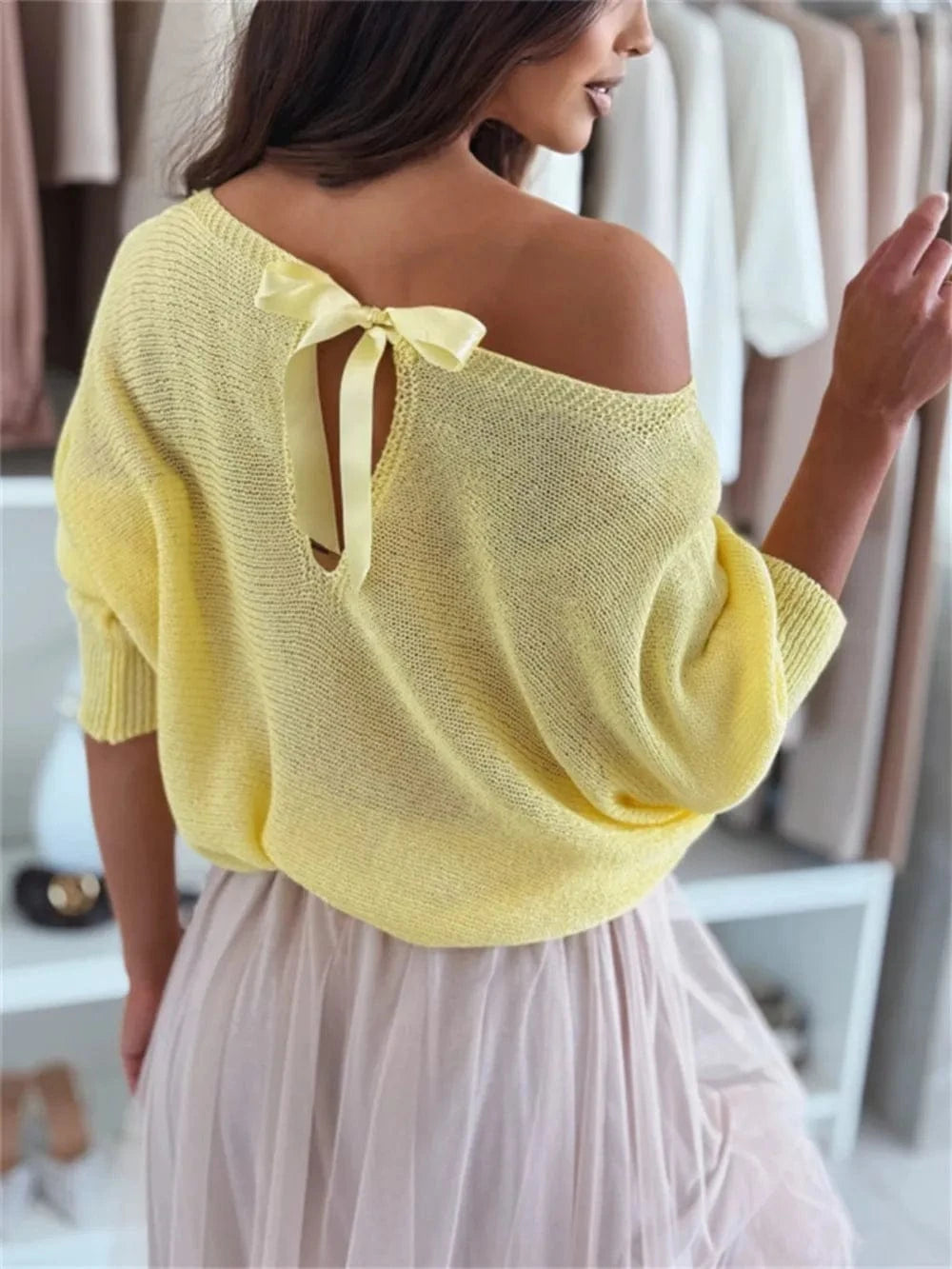 Trendsi Canary Yellow / S Bow Back Boat Neck Batwing Sleeve Sweater