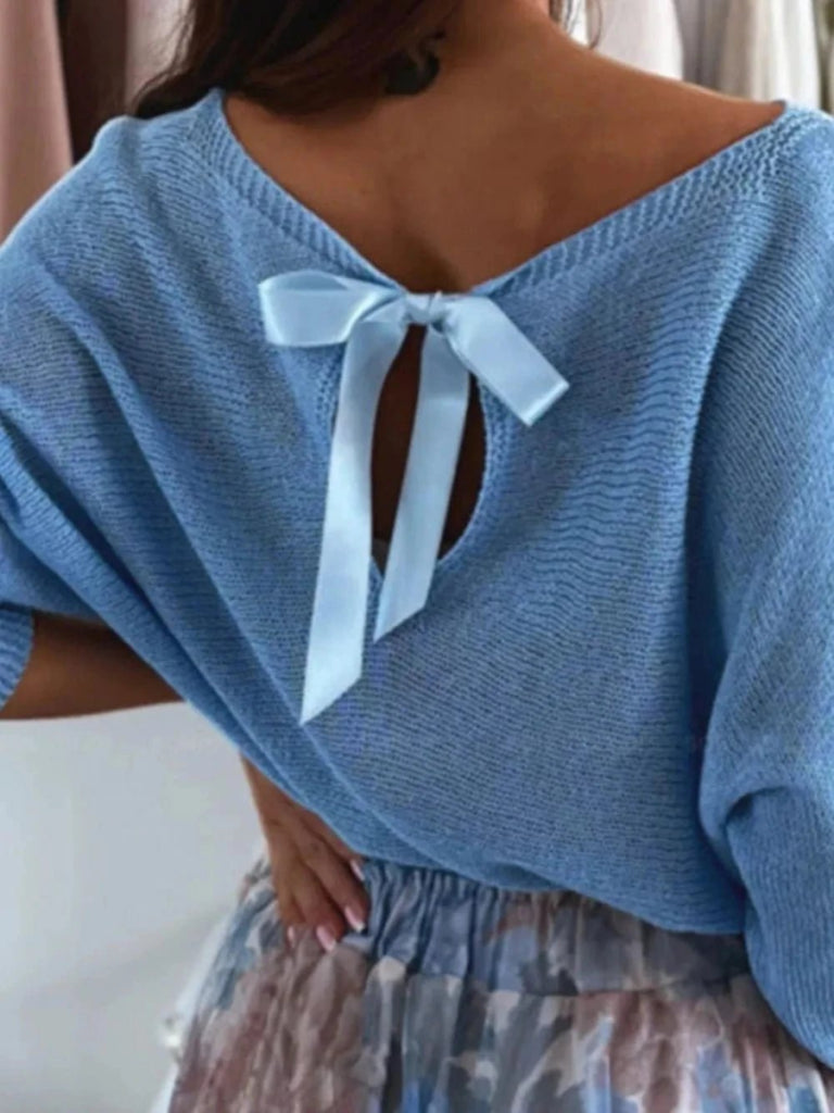Bow Back Boat Neck Batwing Sleeve Sweater - Sky Blue by Trendsi from FREYA’S CLOSET