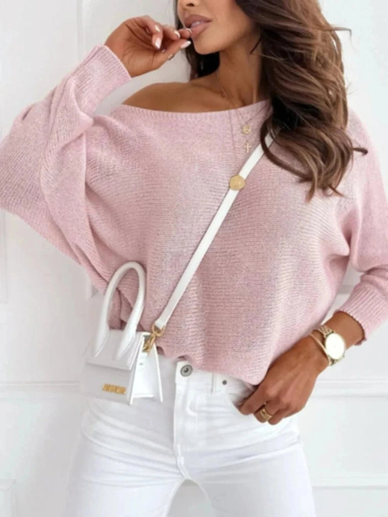 Bow Back Boat Neck Batwing Sleeve Sweater - Blush Pink by Trendsi from FREYA’S CLOSET