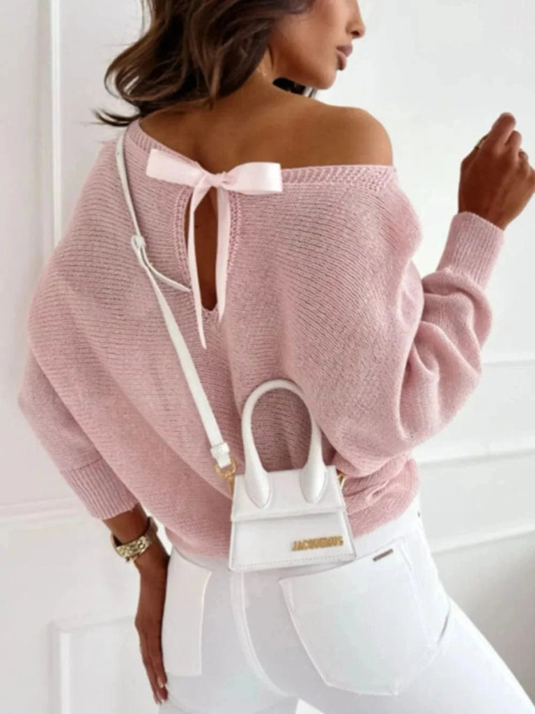 Bow Back Boat Neck Batwing Sleeve Sweater - Blush Pink by Trendsi from FREYA’S CLOSET