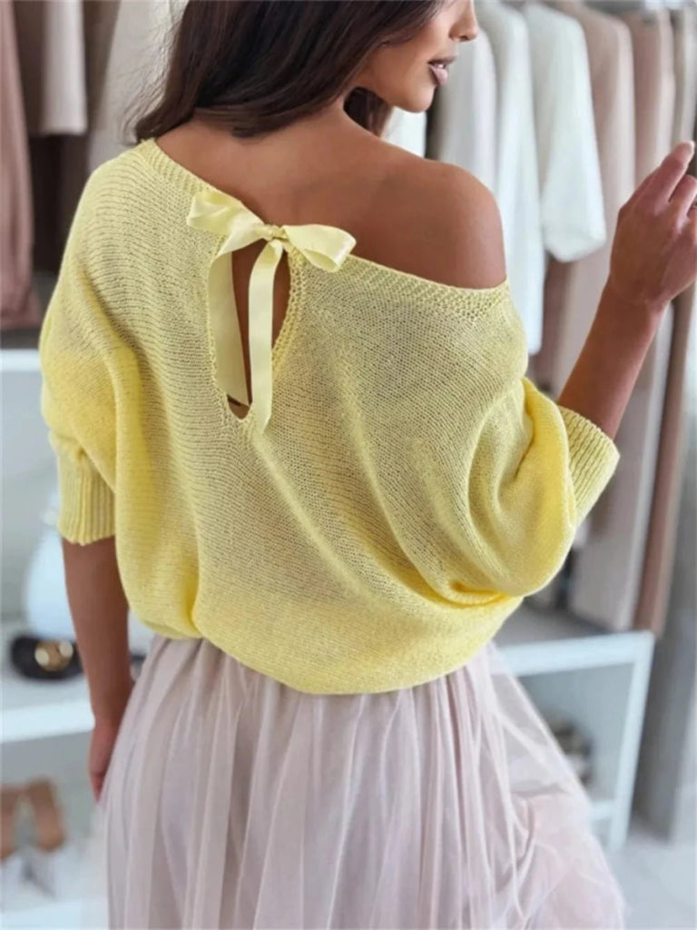 Bow Back Boat Neck Batwing Sleeve Sweater - Canary Yellow by Trendsi from FREYA’S CLOSET