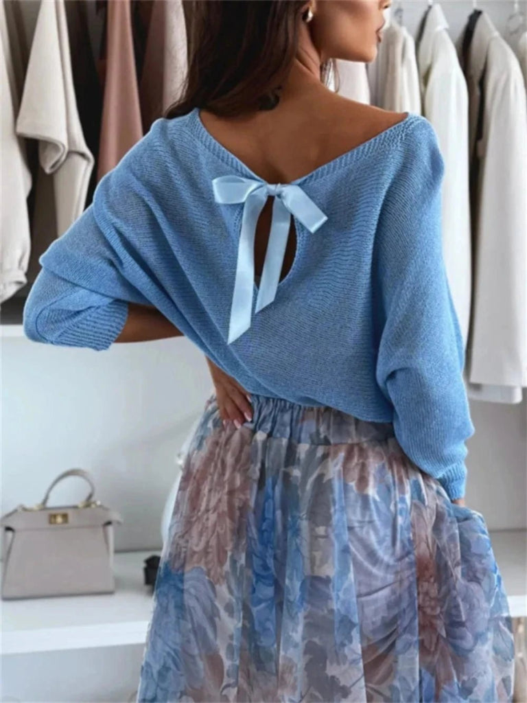 Bow Back Boat Neck Batwing Sleeve Sweater - Sky Blue by Trendsi from FREYA’S CLOSET
