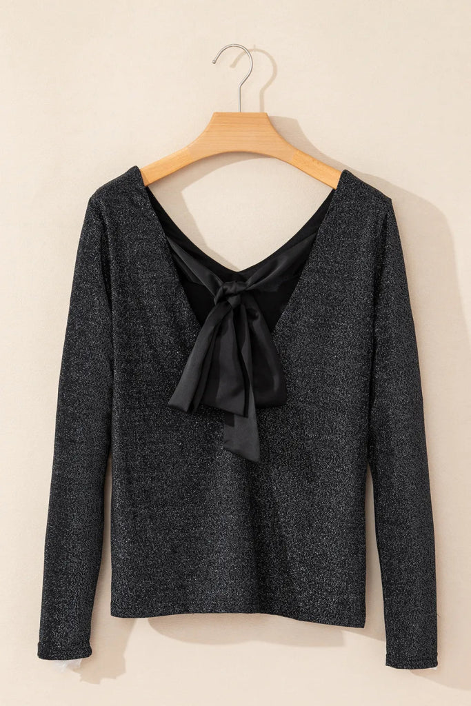 Bowknot V - Neck Long Sleeve Blouse - Black by Trendsi from FREYA’S CLOSET