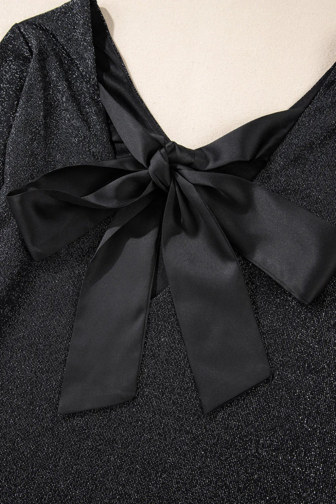 Bowknot V - Neck Long Sleeve Blouse - Black by Trendsi from FREYA’S CLOSET