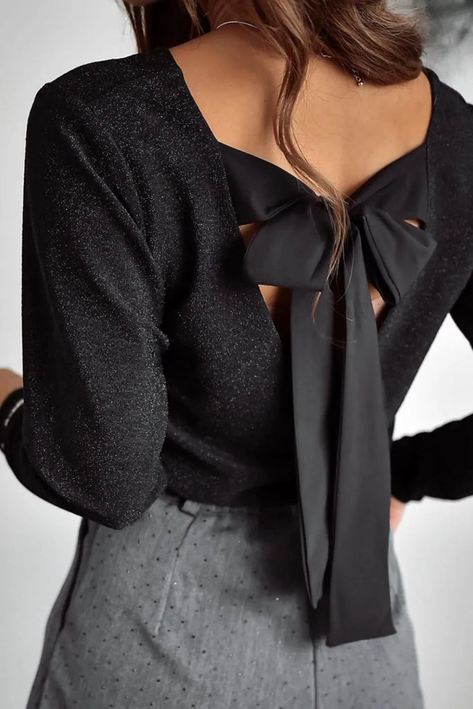 Bowknot V - Neck Long Sleeve Blouse - Black by Trendsi from FREYA’S CLOSET