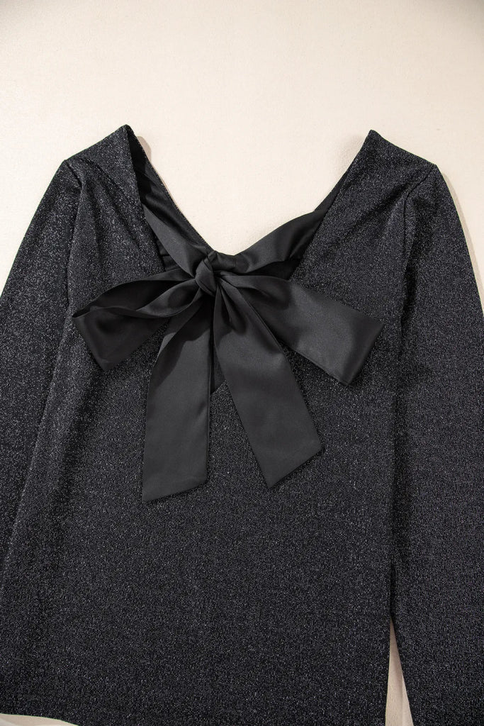 Bowknot V - Neck Long Sleeve Blouse - Black by Trendsi from FREYA’S CLOSET