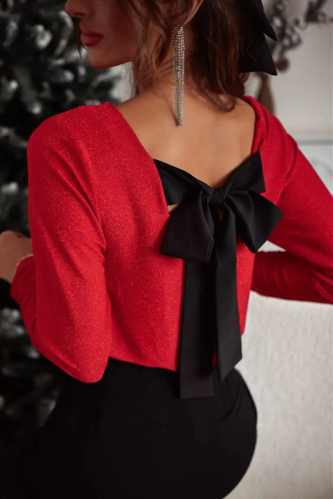 Bowknot V - Neck Long Sleeve Blouse - Red by Trendsi from FREYA’S CLOSET