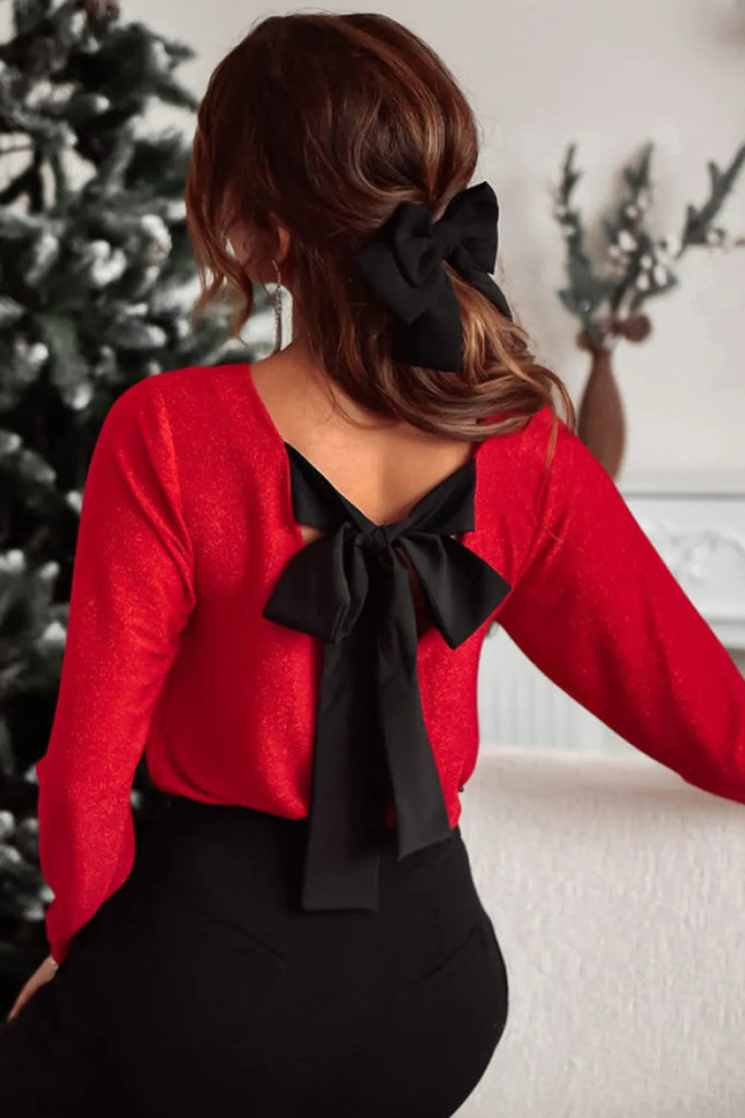 Bowknot V - Neck Long Sleeve Blouse - Red by Trendsi from FREYA’S CLOSET